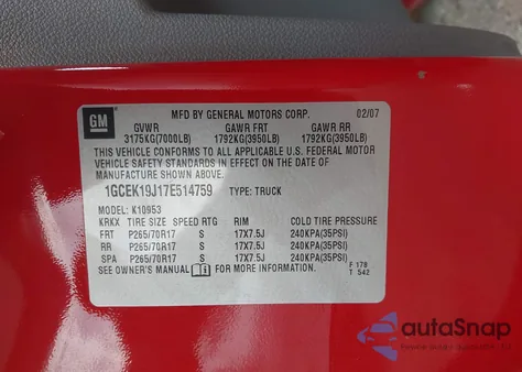 2007 Chevrolet Silverado 1500 Work Truck from USA, damaged, VIN 1GCEK19J17E514759